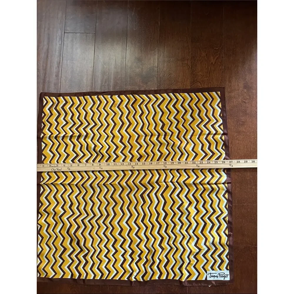 Vintage Jacques Piaget Zigzag Silky Scarf in Yellow, Brown & White